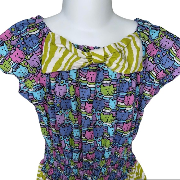 Girls 6 Boutique Bright Colorful Rainbow Cats Lime Green Zebra Print Bow Dress - Picture 2 of 3
